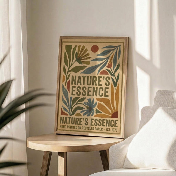 May include: Framed botanical poster with vintage-style typography reading "Nature's Essence" surrounded by stylized leaves, plants and geometric shapes in earthy green, rust, and blue tones on cream background. Wood frame sits on round wooden stool next to beige upholstered chair and potted plant in sunlit room with white walls.