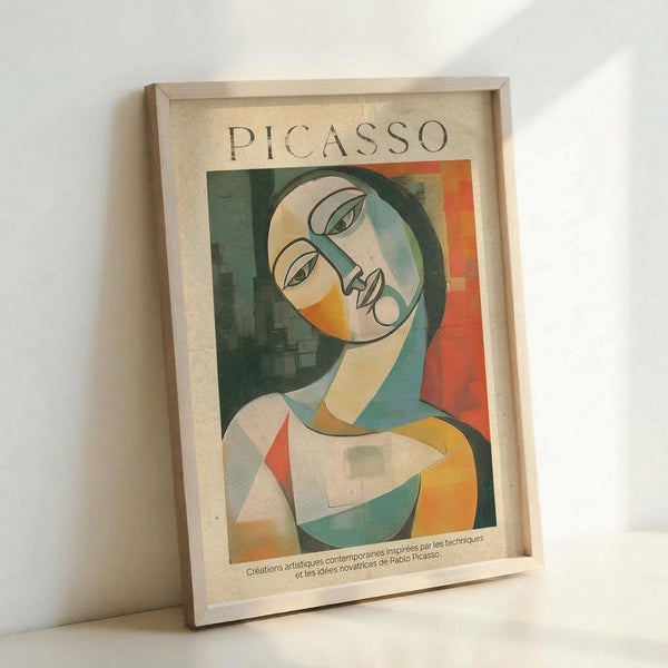 May include: Framed art print in light wood frame leaning against white wall, featuring abstract portrait of woman's face and torso in cubist style with geometric shapes in green, orange, yellow and cream tones. Text reads "PICASSO" at top with French description below the artwork.