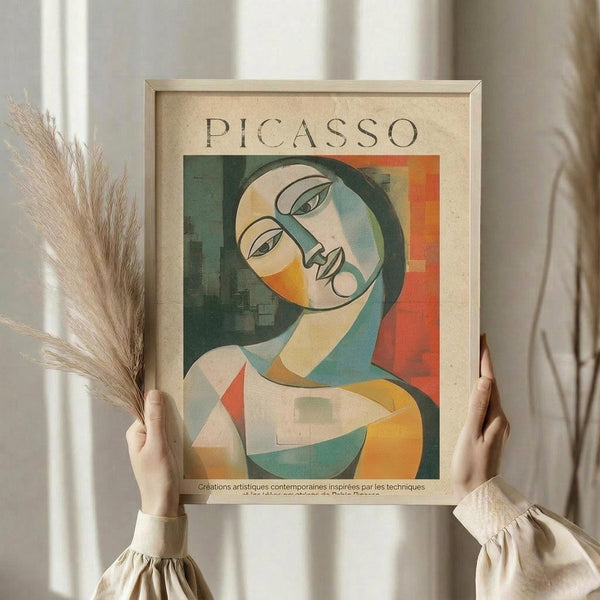 May include: Hands holding a framed Picasso-style cubist portrait of a woman with geometric features in green, orange, and yellow tones. The cream-colored poster has "PICASSO" at the top with French text below. Person wears a beige ruffled sleeve top and holds dried pampas grass. Light wooden frame against soft neutral curtained background.