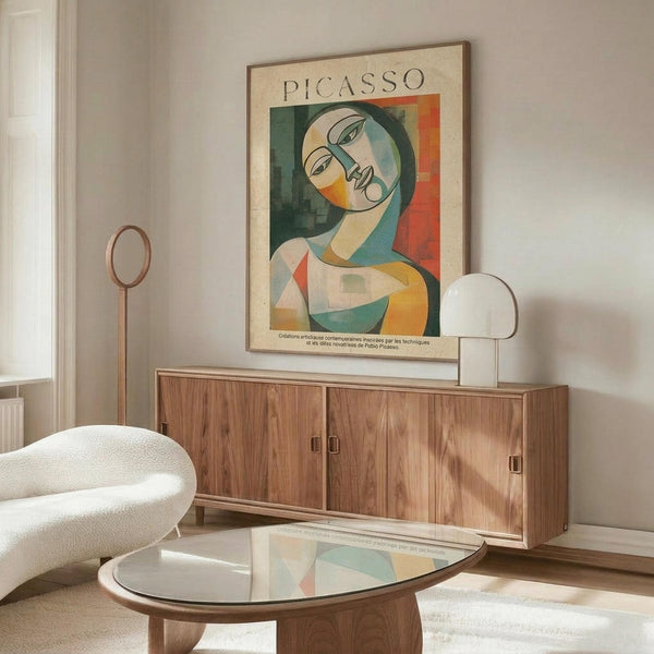 May include: Cubist-style portrait poster featuring a stylized woman with geometric facial features in green, orange, yellow and blue tones, displayed in thin wooden frame above mid-century walnut credenza with sliding doors. Modern living room setting with curved white chair, round glass coffee table, and warm natural lighting creating shadows on white walls.