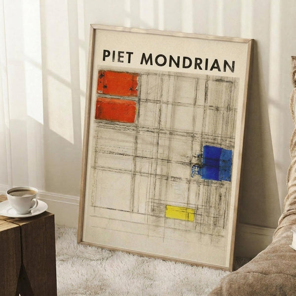 May include: Framed Piet Mondrian abstract art poster leaning against white wall in modern living room setting. The artwork features geometric grid composition with red, blue, and yellow rectangular blocks on cream background with sketched pencil lines. Light wood frame surrounds the print. Scene includes white coffee cup on wooden side table and beige textured throw blanket, creating cozy minimalist home decor atmosphere.