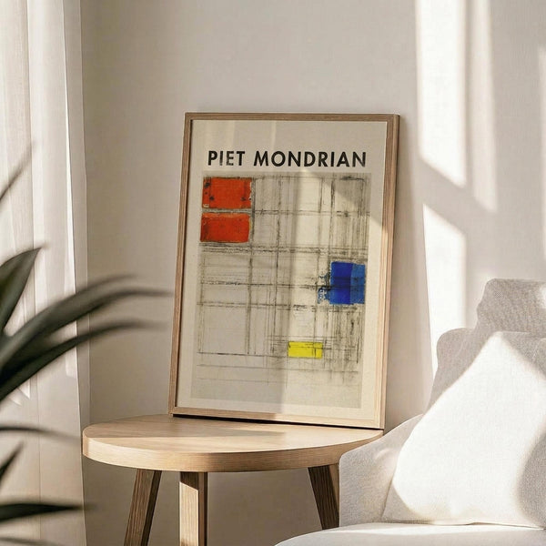 May include: Framed Mondrian-style abstract art print with geometric grid pattern and red, blue, and yellow color blocks on cream background, displayed on round wooden side table next to beige upholstered chair with white throw pillow, green plant leaves visible, soft natural window lighting creating shadows on white wall