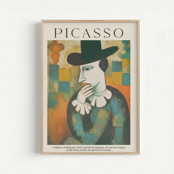 May include: Framed poster print in light wood frame showing cubist-style portrait of person wearing dark hat and blue clothing with white ruffled collar, hand positioned near chin in contemplative pose. Background features colorful geometric patches in blues, oranges, and yellows. French text appears below artwork on cream-colored mat.