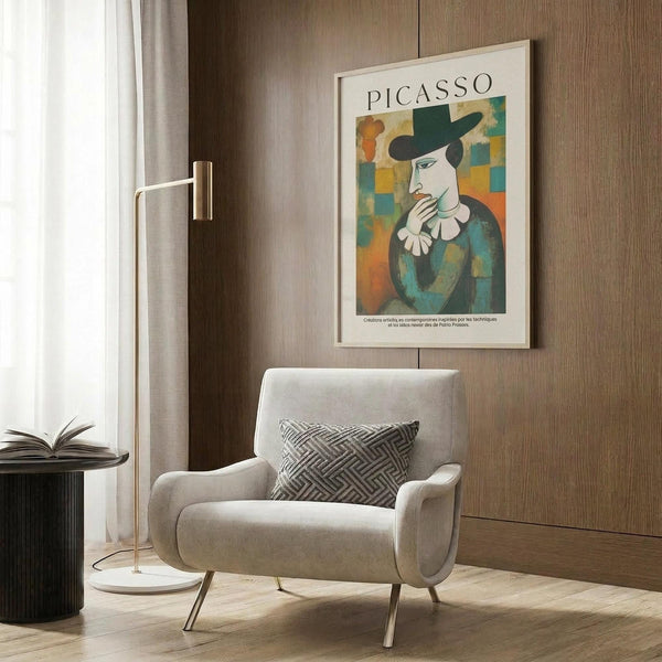 May include: Cubist-style portrait poster featuring a figure in dark hat and teal clothing against colorful geometric background, displayed in light wood frame on warm wood paneled wall above cream upholstered armchair with geometric patterned pillow, brass floor lamp and side table nearby