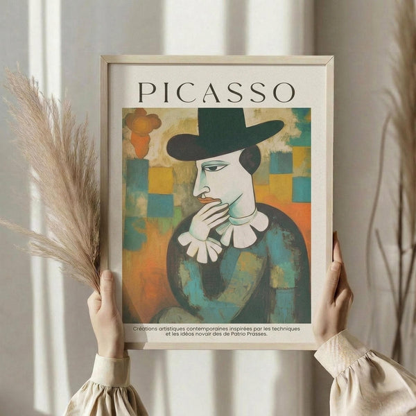 May include: Person in cream ruffled sleeves holding framed Picasso-style portrait poster and dried wheat stems against white curtained window. Artwork shows figure in dark hat and blue clothing with geometric colorful background in cubist style. Light wood frame, soft natural lighting.