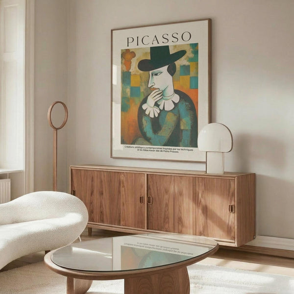 May include: Framed Picasso-style portrait poster showing figure in hat and ruffled collar against colorful checkered background, displayed above mid-century walnut credenza in modern living room with white sculptural chair, glass coffee table, and cream table lamp