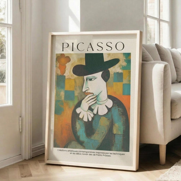 May include: Framed Picasso-style portrait print in light wood frame leaning against white wall next to beige sofa. Artwork shows figure in black hat and ruffled collar with geometric colorful background in blues, oranges, and yellows. French text below artwork. Natural lighting from windows, hardwood floors visible.