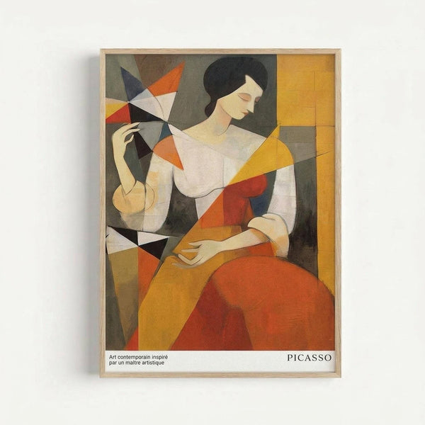 Cubist-style painting of a woman with dark hair holding a geometric patterned fan, rendered in angular shapes and bold colors including orange, yellow, navy blue, and white. The artwork shows fragmented forms typical of modern art, with the figure wearing flowing robes in warm tones. Text at bottom reads "Art contemporain inspiré par un maître artistique" and "PICASSO". The print is displayed in a light wood frame against a white wall.