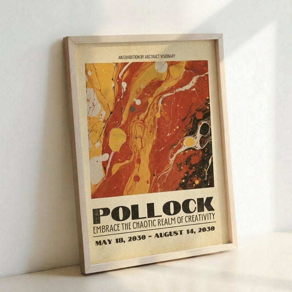 May include: Framed exhibition poster leaning against white wall. Features abstract paint pour artwork in warm orange, red, yellow and black swirls with white splashes. Text reads "POLLOCK" and "EMBRACE THE CHAOTIC REALM OF CREATIVITY" with exhibition dates. Light wood frame on cream background with vintage-style typography.