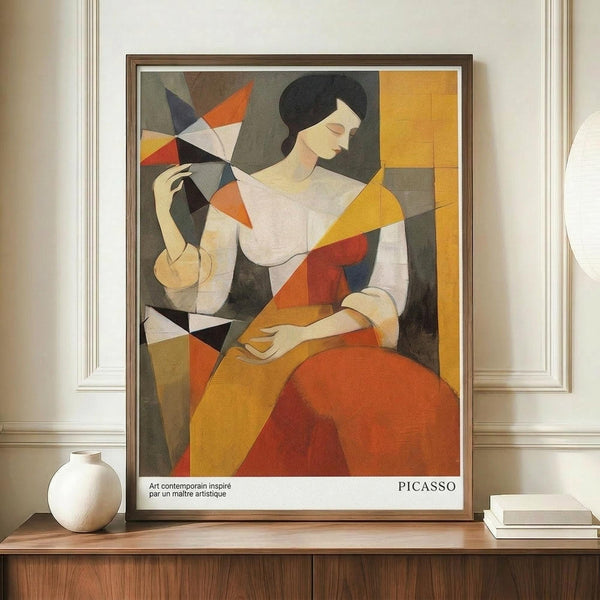 May include: Framed cubist-style artwork showing a seated woman with dark hair holding a geometric fan, rendered in angular shapes with orange, yellow, white, and gray tones. The poster features "PICASSO" text at bottom and is displayed on a wooden sideboard alongside a white ceramic vase and stacked books in a modern interior with cream walls and white molding.