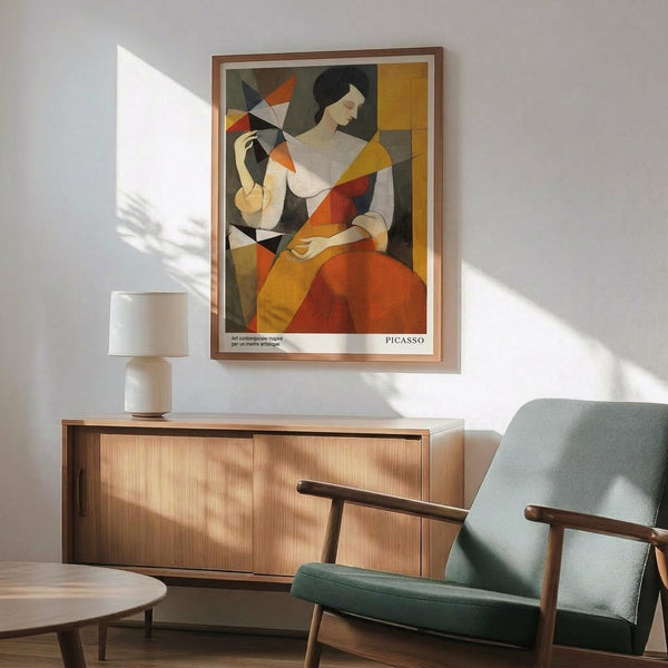 May include: Framed Picasso-style cubist art print featuring a seated woman in geometric orange, yellow, and gray tones, displayed above a mid-century modern wooden credenza with white ceramic lamp. Mint green upholstered armchair with walnut frame sits nearby in bright, minimalist living room with white walls and natural lighting.