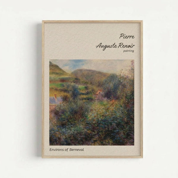 May include: A framed art print featuring a Pierre Auguste Renoir landscape painting of rolling hills and vegetation around Berneval. The artwork shows impressionistic brushstrokes in earthy greens, browns, and muted tones depicting a countryside scene with mountains in the background. The print is displayed in a light wood frame with white matting against a neutral wall, with text identifying the artist and painting title above and below the image.