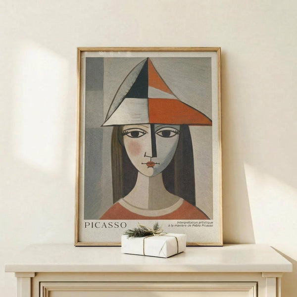 May include: Framed Picasso-style cubist portrait of woman wearing geometric hat in orange, black, and white tones, displayed on light wood surface with small wrapped gift, neutral wall background, natural lighting creating soft shadows