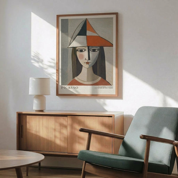 May include: Framed Picasso-style cubist portrait poster of woman wearing geometric angular hat in orange, black and white triangular shapes, displayed above wooden sideboard with table lamp, next to sage green mid-century armchair in modern living room with natural sunlight casting shadows on white wall.