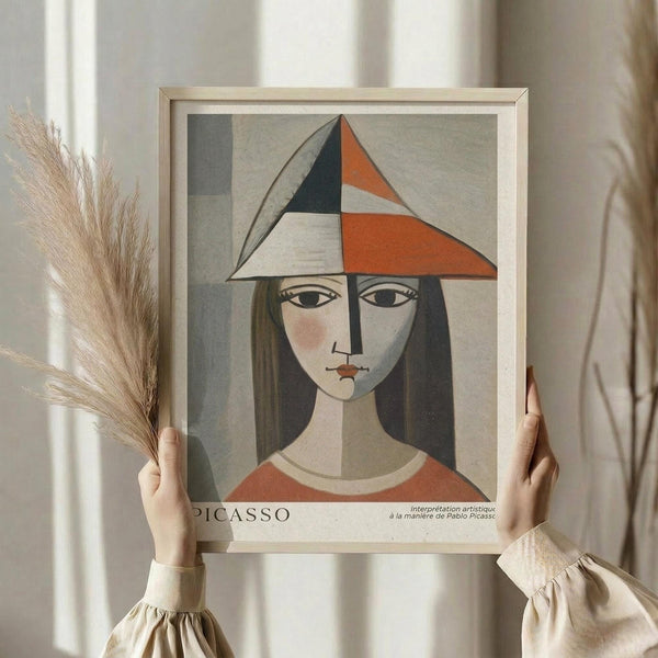 May include: Person in cream blouse holding framed cubist-style portrait of woman with geometric orange and black triangular hat, long dark hair, and simplified facial features. Light wooden frame against neutral curtained background. Bundle of dried wheat or pampas grass held alongside artwork.
