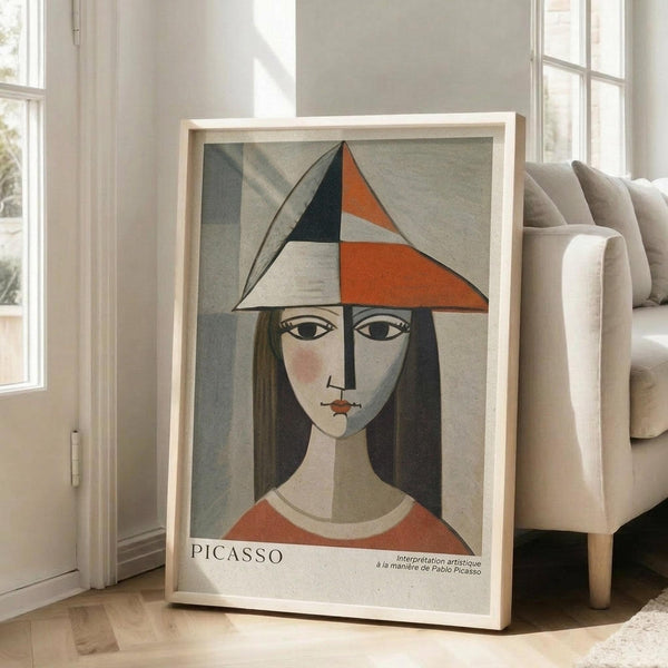 May include: Framed poster with Picasso-style cubist portrait of woman wearing geometric triangular hat in orange, black and gray tones, long dark hair, pale face with stylized features, displayed on light wooden floor next to beige upholstered chair in bright sunlit room with white walls and large windows.