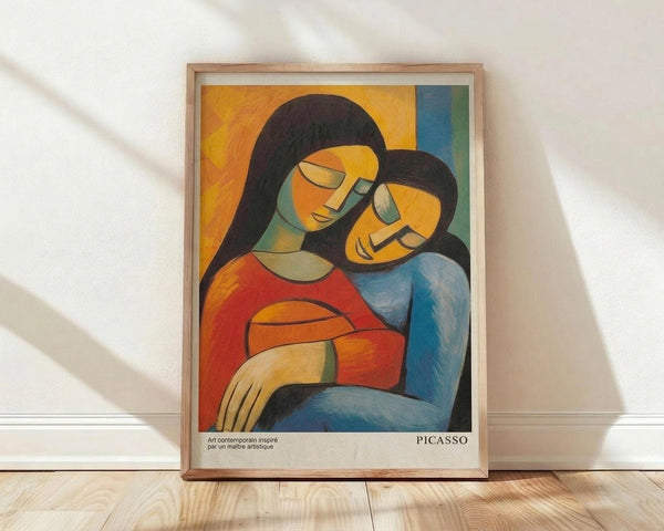 May include: Framed abstract art print in wooden frame leaning against white wall on light wood floor. Artwork shows two stylized figures with dark hair embracing, rendered in vibrant oranges, blues, and reds with geometric facial features. French text at bottom reads "Art contemporain inspiré par un maître artistique" and "PICASSO". Natural lighting creates soft shadows on textured white wall.