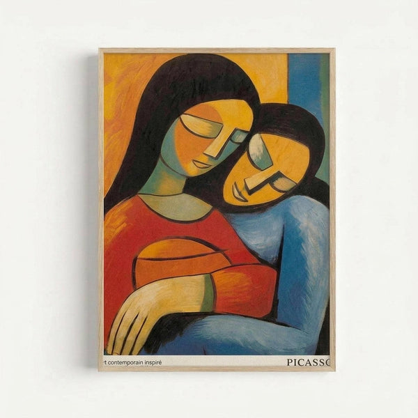 Cubist-style painting of two women embracing, featuring geometric faces with simplified features and flowing black hair. The figures wear colorful clothing in red, orange, and blue tones against a warm yellow and blue background. The artwork is displayed in a light wooden frame with "PICASSO" text at the bottom, showing bold outlines and abstract forms characteristic of modern art.