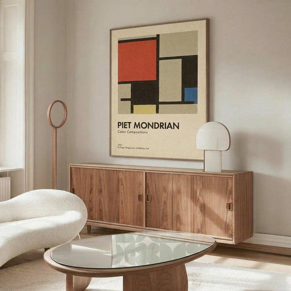 May include: Abstract geometric art poster featuring red, blue, yellow, black and beige rectangular shapes in Mondrian style, displayed above wooden sideboard in modern living room with white curved chair, glass coffee table, and brass floor lamp