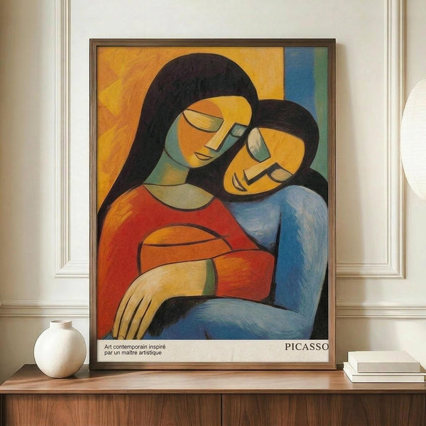 May include: Framed Picasso-style cubist artwork showing two embracing women with geometric faces in warm yellows, oranges, reds and cool blues, displayed on wooden sideboard next to white ceramic vase and stacked books in elegant room with white paneled walls.