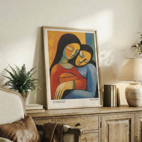 May include: Framed cubist-style artwork showing two embracing women with geometric faces in warm oranges, blues, and reds, displayed on a rustic wood sideboard alongside fern plant, books, ceramic vase, and cream upholstered chair in neutral-toned living room setting.