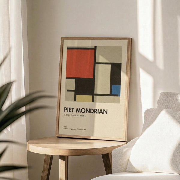 May include: A framed poster featuring Piet Mondrian's geometric abstract art with colorful rectangles in red, blue, yellow, and beige separated by bold black lines. The print sits on a light wood round side table next to a beige upholstered chair with plant leaves visible in soft natural lighting streaming through white curtains.