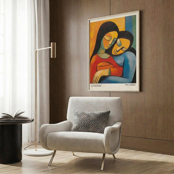 May include: Cubist-style artwork depicting two embracing figures in warm oranges, blues, and reds, hanging in white frame on wood-paneled wall above cream upholstered armchair with geometric patterned pillow, brass floor lamp, and dark round side table with open book
