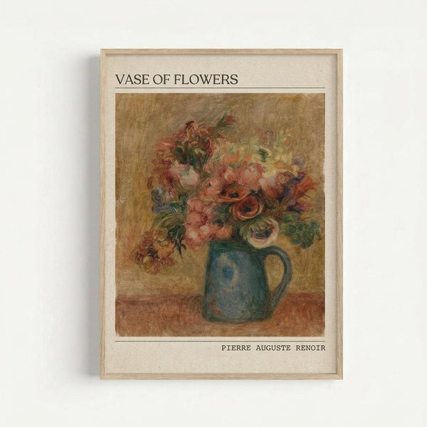 Framed art print of an impressionist-style still life painting showing a bouquet of pink, coral, and cream colored flowers arranged in a blue-green ceramic pitcher or jug. The artwork has soft, painterly brushstrokes with warm golden-brown background tones. The print is displayed in a light wood frame with white matting, with "VASE OF FLOWERS" text at the top and "PIERRE AUGUSTE RENOIR" at the bottom.