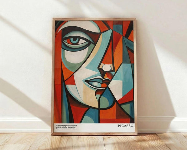May include: Framed abstract cubist-style portrait poster featuring a deconstructed face with geometric shapes in vibrant orange, teal, cream and red tones. The artwork shows fragmented facial features including an eye, lips and angular planes in Picasso-inspired style. Natural wood frame displays against white wall on light wooden flooring with soft window lighting creating diagonal shadows across the scene.
