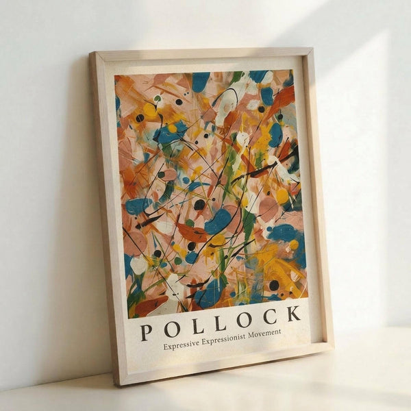 May include: Abstract expressionist poster print in light wood frame, featuring energetic composition of orange, blue, yellow, and green paint splatters with black lines and dots against cream background. Text reads "POLLOCK Expressive Expressionist Movement" at bottom. Frame leans against white wall on light surface, showing natural wood grain and white matting around colorful drip painting reproduction.