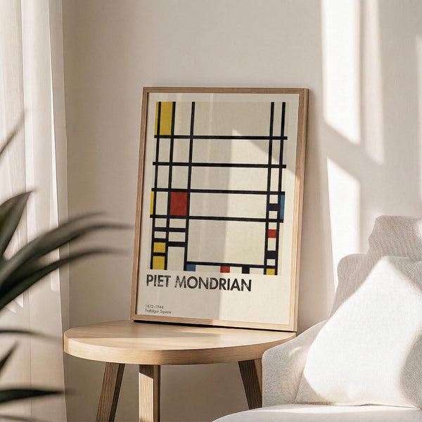 May include: Framed poster featuring Piet Mondrian's geometric abstract artwork with black grid lines and blocks of yellow, red, and blue on white background, displayed on a round wooden side table next to a beige upholstered chair with plant leaves visible in corner, all in a bright room with white walls and natural sunlight creating soft shadows.