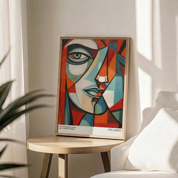 May include: Cubist-style portrait print with geometric face in coral red, teal blue, cream and orange tones, displayed in thin wooden frame on round wooden side table next to beige upholstered chair, with plant shadow cast on white wall from natural window light.