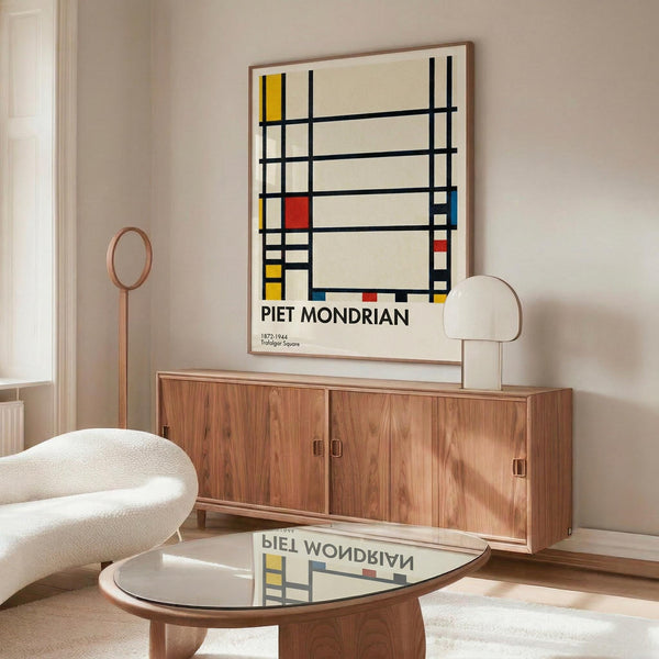May include: Framed Piet Mondrian Trafalgar Square poster print featuring geometric black grid lines with yellow, red, and blue color blocks on cream background, displayed above mid-century modern walnut credenza in minimalist living room with white curved chair, brass floor lamp, and glass coffee table reflecting the artwork