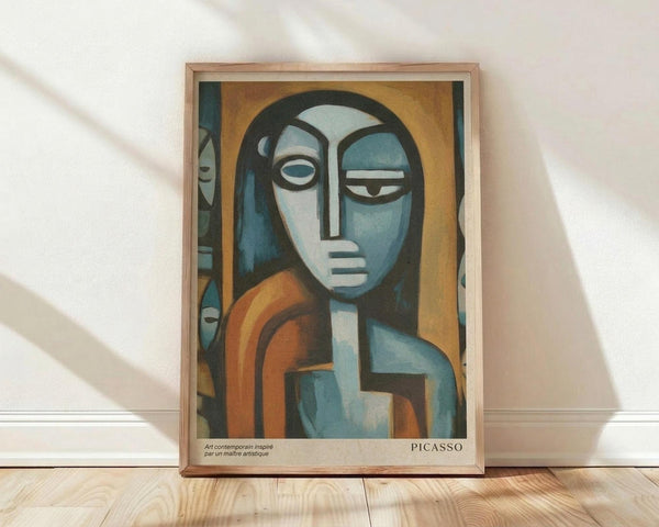 May include: Framed poster print in light wood frame leaning against white wall on wooden floor. Abstract cubist-style portrait featuring geometric figure with stylized face in blues, oranges, and earth tones. French text at bottom reads "Art contemporain inspiré par un maitre artistique" and "PICASSO". Soft natural lighting creates diagonal shadows across white textured wall.