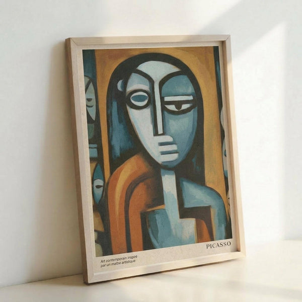 May include: Cubist-style portrait of a woman with geometric facial features in blues, oranges, and earth tones, displayed in a light wooden frame. The artwork shows angular, stylized forms typical of modernist painting, with "PICASSO" text at bottom. Frame leans against white wall on light surface, showing the poster's contemporary interpretation of classical cubist portraiture.