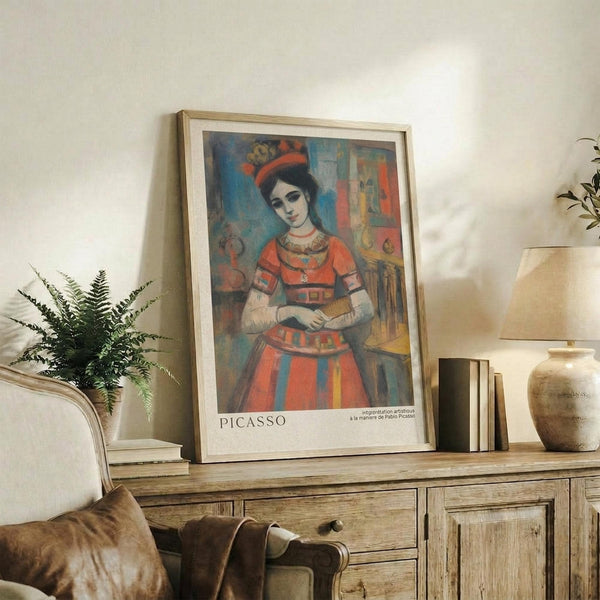May include: Framed art print of woman in colorful traditional dress with red and orange striped skirt, displayed on rustic wooden console table alongside fern plant, ceramic vase, and books in neutral-toned living room setting with cream upholstered chair