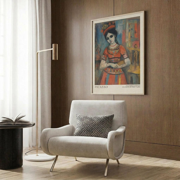 May include: Framed Picasso-style art poster showing woman in colorful traditional dress with red, blue, and orange tones, displayed above beige upholstered armchair with geometric patterned pillow. Modern living room setting features wood paneled wall, brass floor lamp, dark round side table with open book, and soft natural lighting from window with curtains.