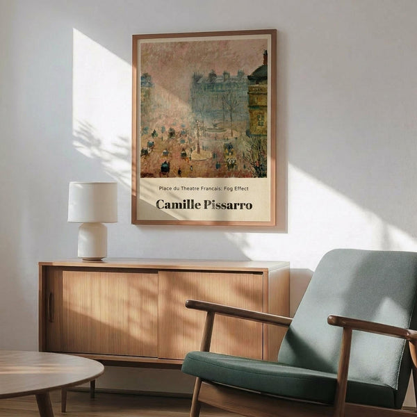 May include: Framed art print of impressionist street scene with misty fog effects, featuring people gathered in a plaza with historic buildings. Warm earth tones and muted blues. Displayed above modern wooden sideboard with white ceramic lamp, next to mid-century mint green armchair with wooden frame. Natural sunlight creates shadows across white wall in contemporary living room setting.