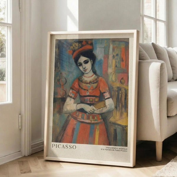 May include: A large framed art print leaning against a white wall next to a beige upholstered sofa. The artwork depicts a woman in a colorful orange and red traditional dress with decorative trim, painted in an expressionist style with bold brushstrokes and vibrant blues, oranges, and yellows. The print has "PICASSO" text at the bottom and is displayed in a light wooden frame on hardwood flooring in a bright, naturally-lit room with tall windows.