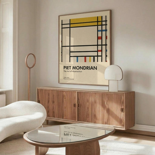 May include: Framed Piet Mondrian abstract art poster with geometric black lines and yellow, red, and blue color blocks, displayed above a mid-century modern wooden credenza. Scene shows minimalist living room with white curved chair, glass coffee table, and contemporary lighting fixtures against neutral beige walls.