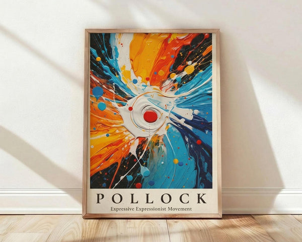 May include: Framed abstract expressionist poster with explosive radiating design in vibrant blues, oranges, and reds emanating from white center with red circle. Dynamic paint splatters and streaks create energetic burst pattern. Natural wood frame displays against white wall on light wooden floor with diagonal shadows.
