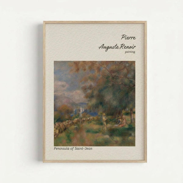 May include: Framed art print hanging on white wall showing Pierre Auguste Renoir's impressionist landscape painting with soft brushstrokes in muted greens, browns, and blues depicting trees and countryside scenery, displayed in light wood frame with cream matting and black text identifying the artist and artwork title