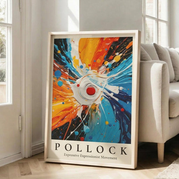 May include: Framed abstract expressionist poster featuring explosive radiating brushstrokes in vibrant orange, yellow, red, and blue with scattered dots and splatters emanating from a central white form with red circle. Text reads "POLLOCK Expressive Expressionist Movement" below artwork. Light wood frame leaning against white wall next to beige sofa in bright, sunlit room with large windows.