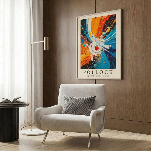 May include: Modern living room with beige armchair and geometric pillow, featuring a framed abstract art poster on wood-paneled wall. The artwork displays dynamic radiating brushstrokes in vibrant orange, blue, and black with a central white spiral containing a red dot. Gold floor lamp and black side table with open book complete the contemporary interior scene.