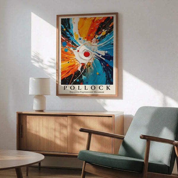 May include: Abstract expressionist poster print in wooden frame featuring explosive radiating brushstrokes in vibrant blues, oranges, and reds with white center and red circle accent. Displayed above mid-century modern wooden credenza with white lamp, next to sage green upholstered armchair in bright, naturally lit room with white walls.