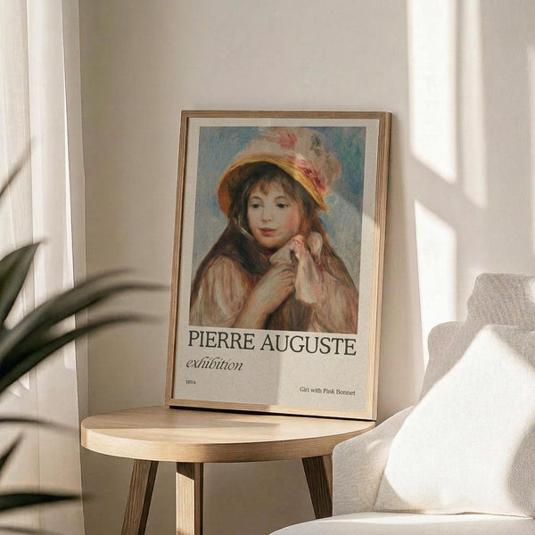 May include: Framed poster featuring a young girl wearing a white bonnet with pink ribbons, painted in impressionist style with soft brushstrokes. The exhibition poster shows "PIERRE AUGUSTE" text below the artwork dated 1894, titled "Girl with Pink Bonnet." Golden wooden frame sits on a round wooden side table next to a beige upholstered chair, with plant leaves visible and natural sunlight creating shadows on white walls.