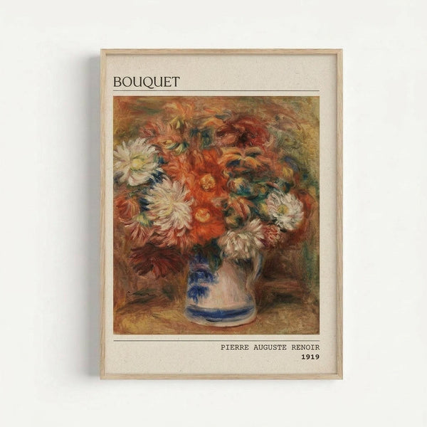 Framed art print of Renoir's 1919 floral still life painting showing a vibrant bouquet of orange, white, and red flowers in a blue and white ceramic vase. The impressionist artwork features loose, expressive brushstrokes in warm autumn tones against a golden brown background. Displayed in a light wood frame with cream matting and black text identifying the artist and date.