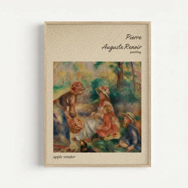 May include: Framed art print displaying Renoir's impressionist painting of figures in an outdoor scene with soft brushstrokes in warm oranges, greens, and earth tones. The artwork shows people gathered under trees, with text identifying it as a Pierre Auguste Renoir painting titled "apple vendor." Light wood frame against white wall background.
