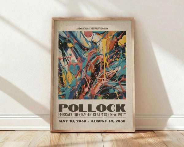 May include: Framed abstract art poster featuring vibrant swirling brushstrokes in blues, yellows, oranges, and reds with chaotic paint splatters, displayed in light wood frame against white wall on wooden floor with natural lighting creating soft shadows