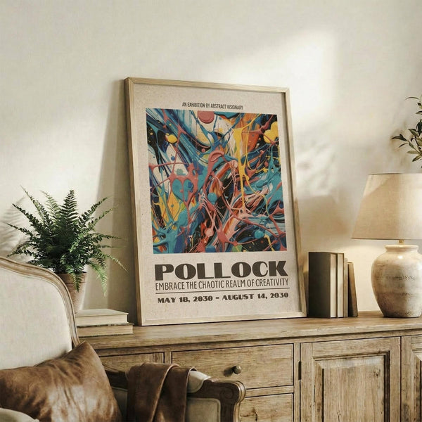 May include: Framed abstract art poster with vibrant blue, orange, yellow and red brushstrokes displayed on rustic wooden sideboard. Room scene shows white walls, fern plant in ceramic pot, stacked books, clay vase, and brown leather chair. Natural lighting creates soft shadows. Poster features exhibition-style text below colorful abstract painting in light wood frame.